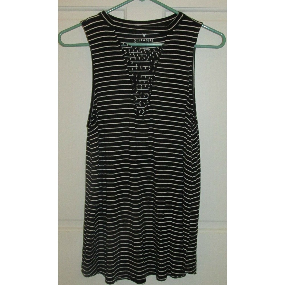 American Eagle Women Soft & Sexy Tank Black & White Stripe Sleeveless Top Size M